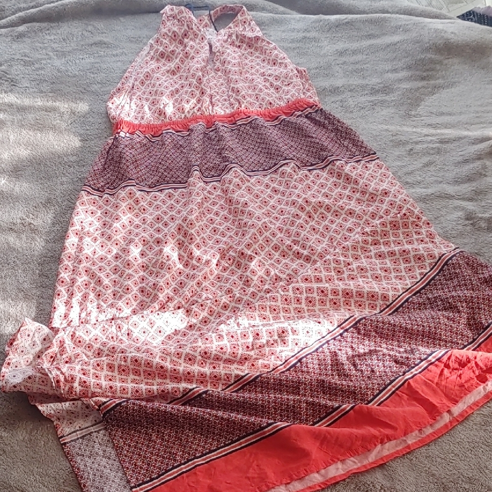 Fleur Bleue Orange Coral and Navy Printed Maxi Dress Sz 4